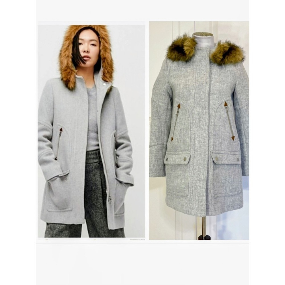 J. Crew Chateau Parka Nello Gori Italian Stadium-Cloth Wool Gray Faux Fur 00